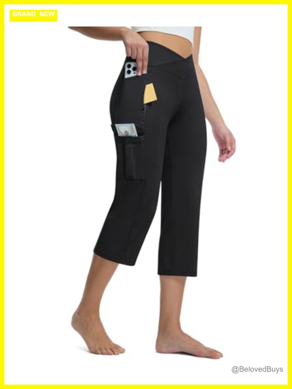 High Waist Cargo Yoga Capri Pants with 5 Pockets Non-Slip